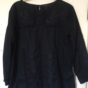 J Crew Sz 0 Navy Blue Embroidered Blouse Top